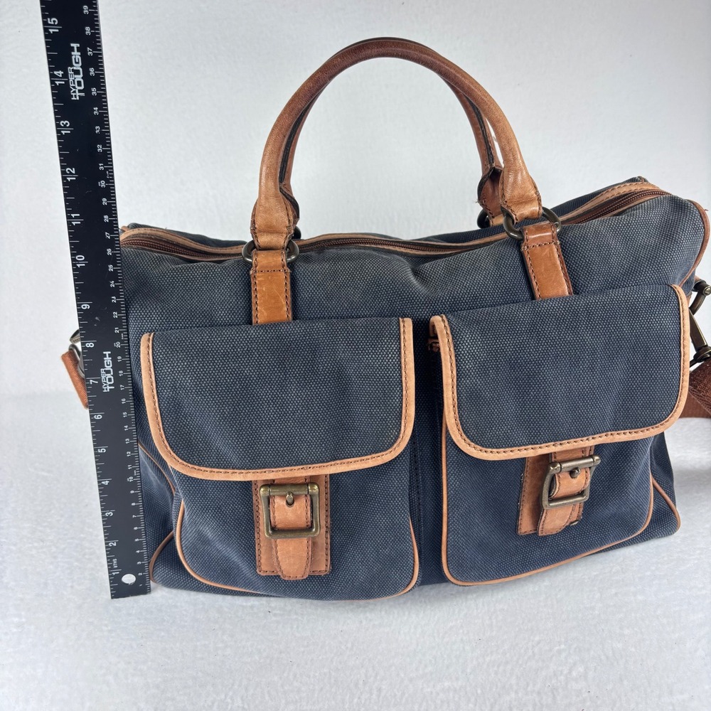 Y2K VTG Fossil Messenger Bag Navy Blue Canvas Leather Laptop Satchel Academia - Picture 13 of 16